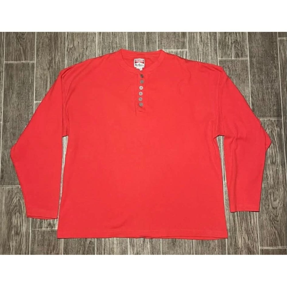 Marlboro Unlimited Henley Mens XXL Red Vintage Long Sleeve Ribbed Shirt